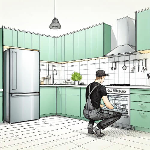 appliance technician in a kitchen fixing an oven